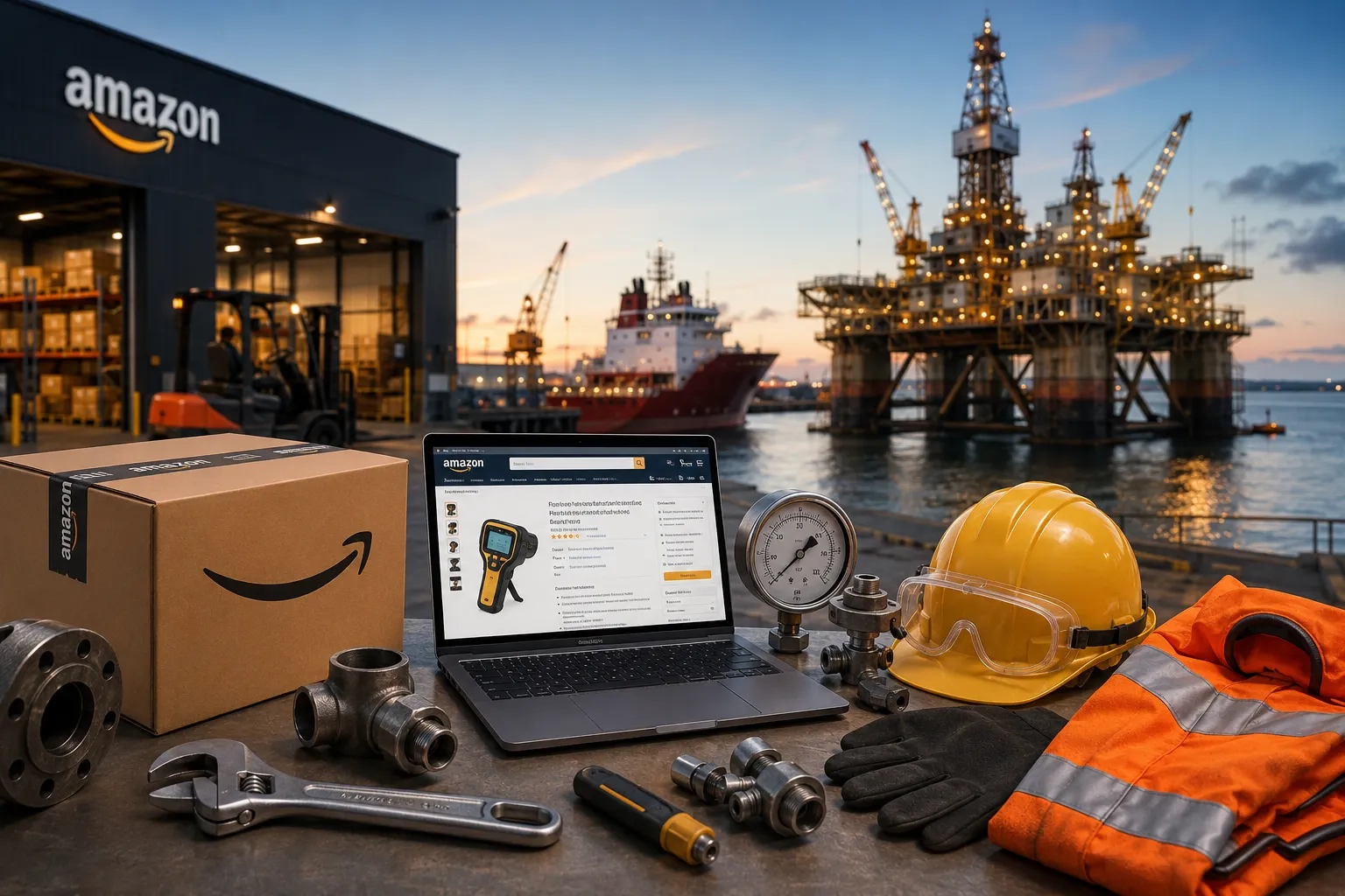 Industrial tools and e-commerce at sunset