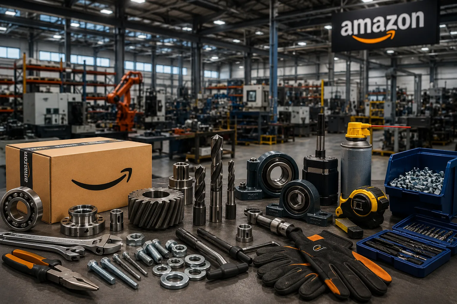 Industrial workspace with Amazon branding