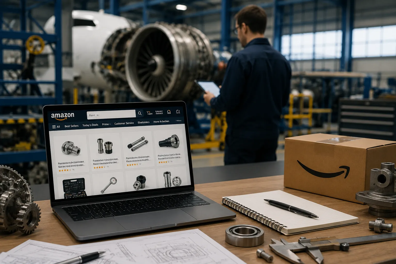 Industrial workspace with Amazon parts browsing