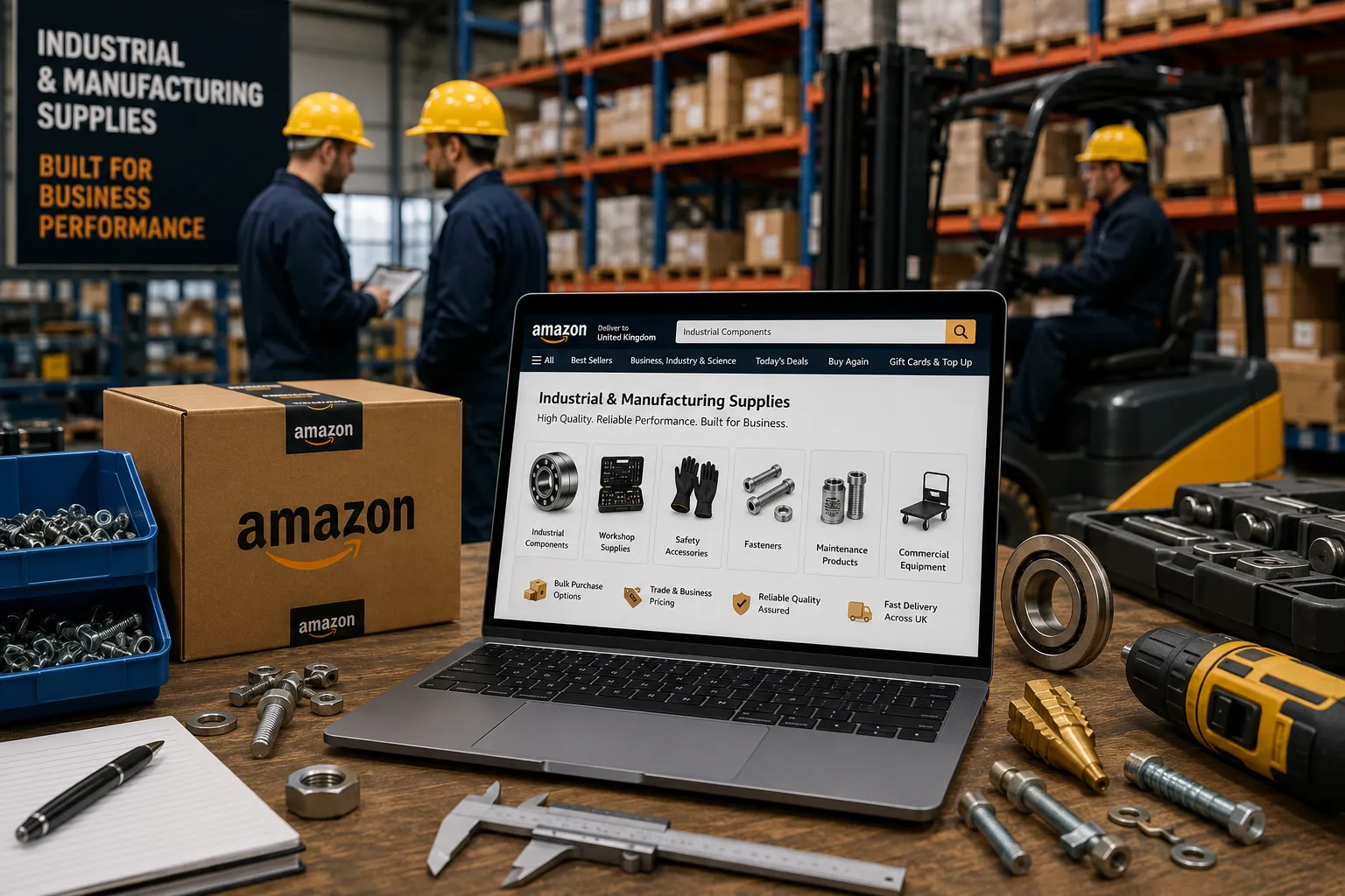 Industrial workspace with Amazon supplies