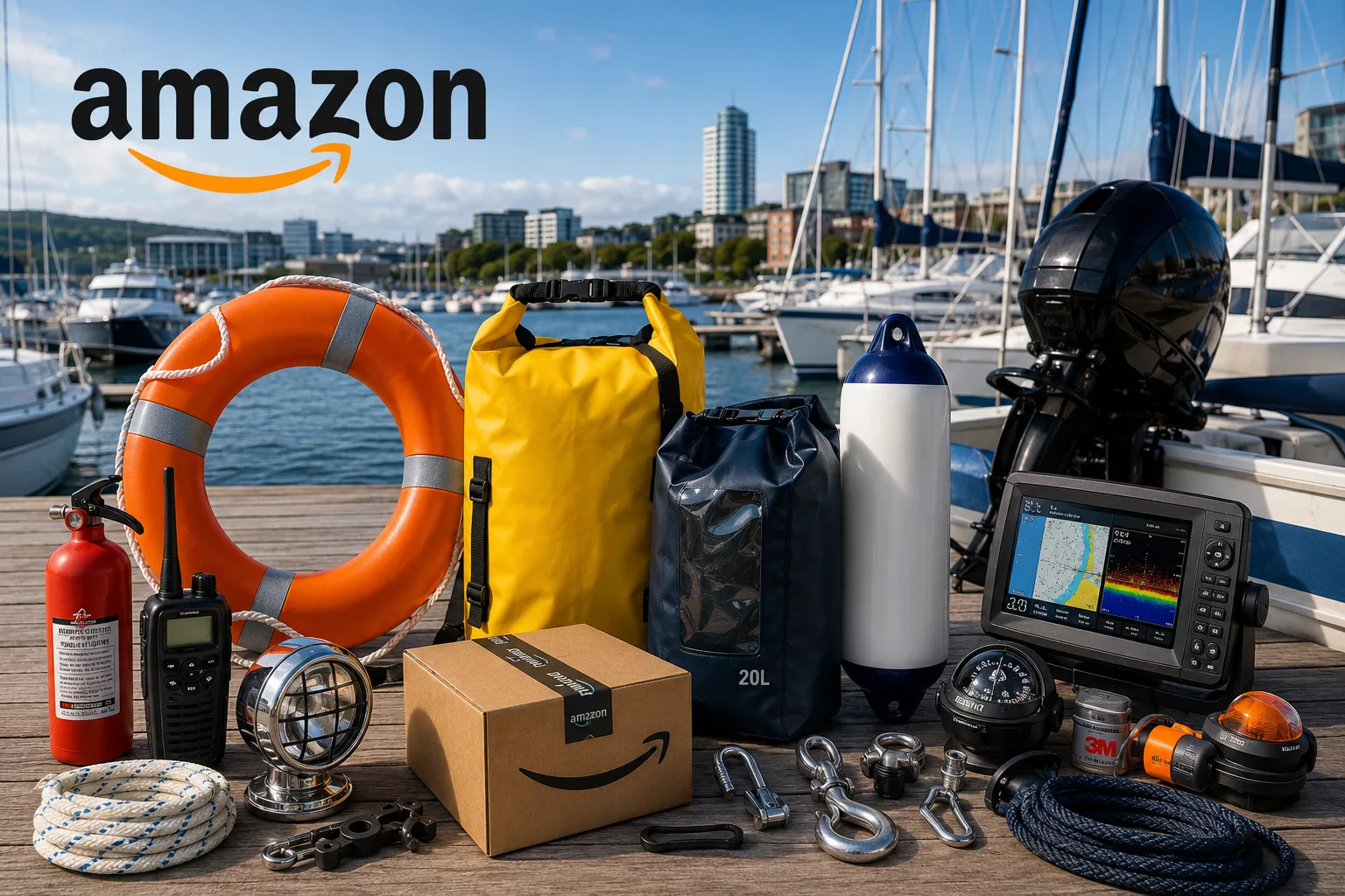 Maritime safety gear display at marina