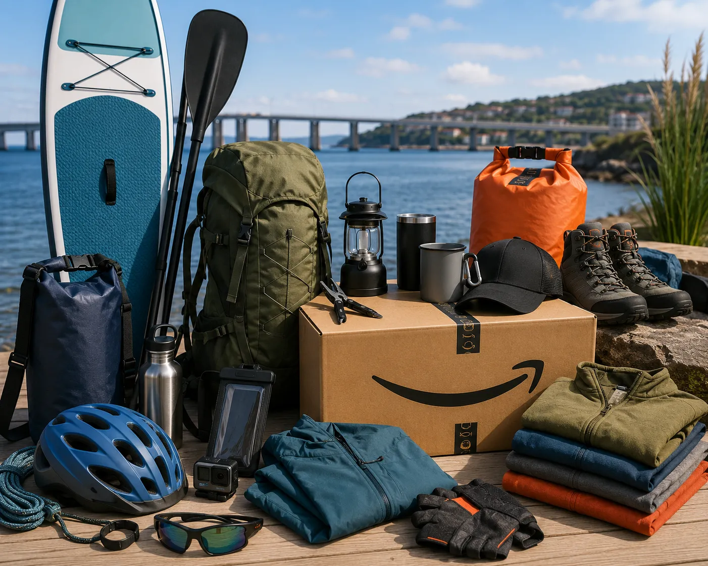 Outdoor adventure gear by the sea
