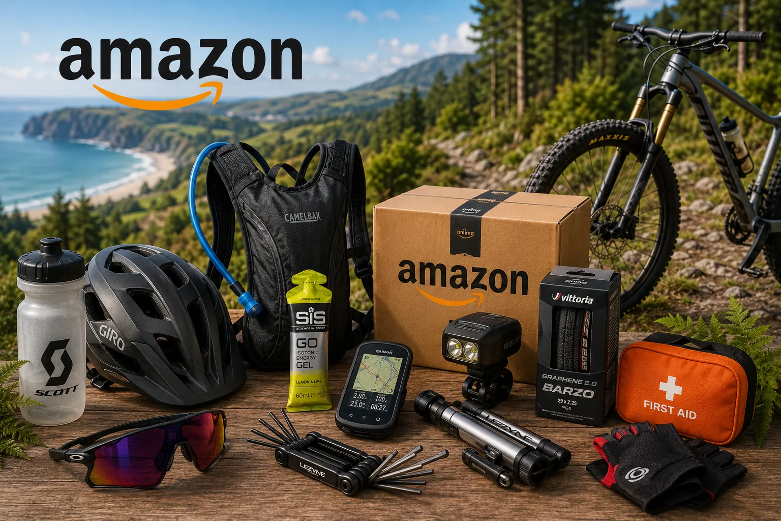 Outdoor adventure gear on coastal table