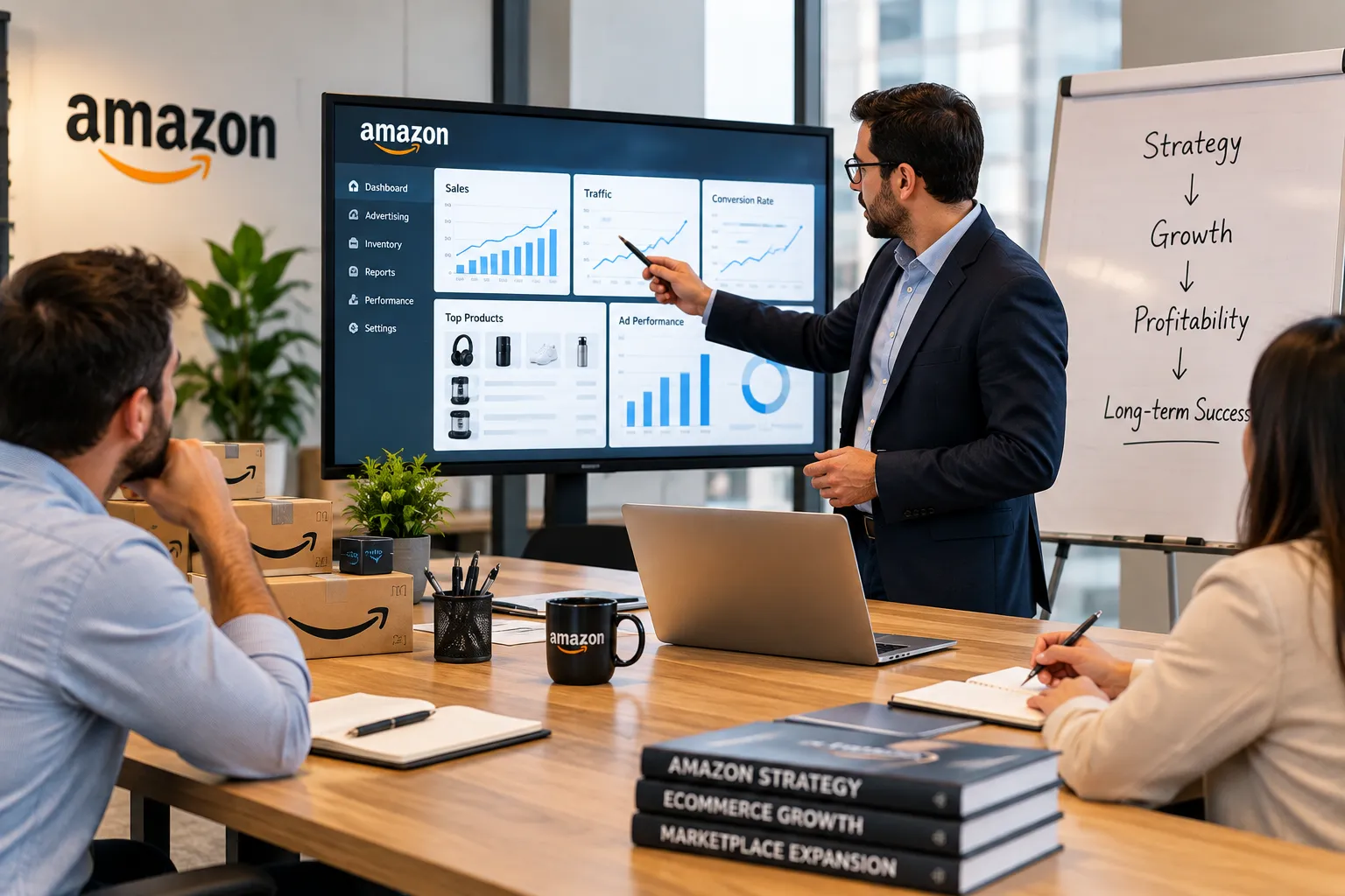 Amazon Strategy Meeting in a Modern Office