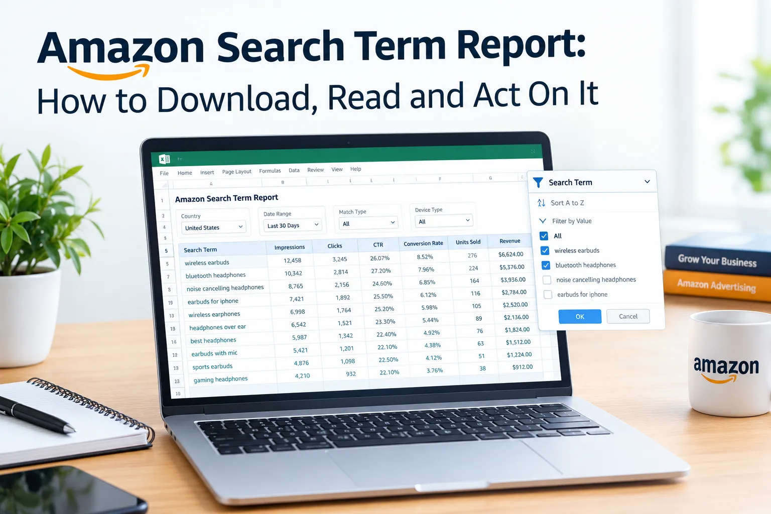 Amazon search term report open in a spreadsheet with filters